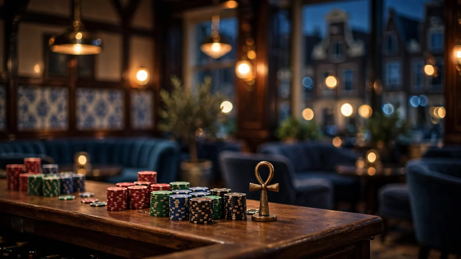 Sfeervolle casino lounge met fiches en Egyptisch decor