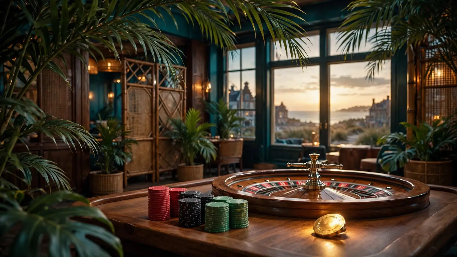 Elegante casinoruimte met roulette en tropische Costa Rica-details