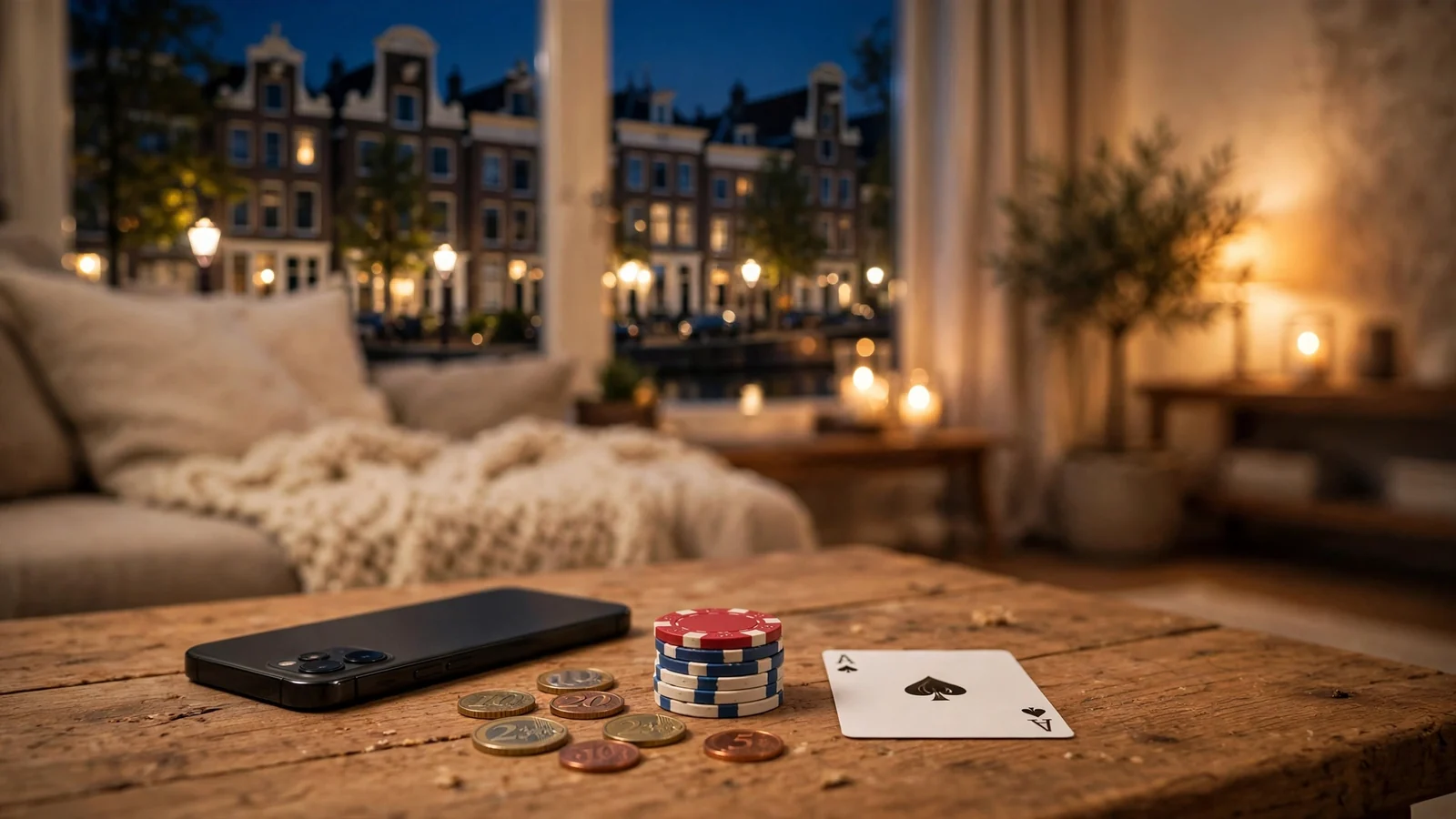 Casinochips en speelkaarten op een salontafel in een modern Nederlands interieur