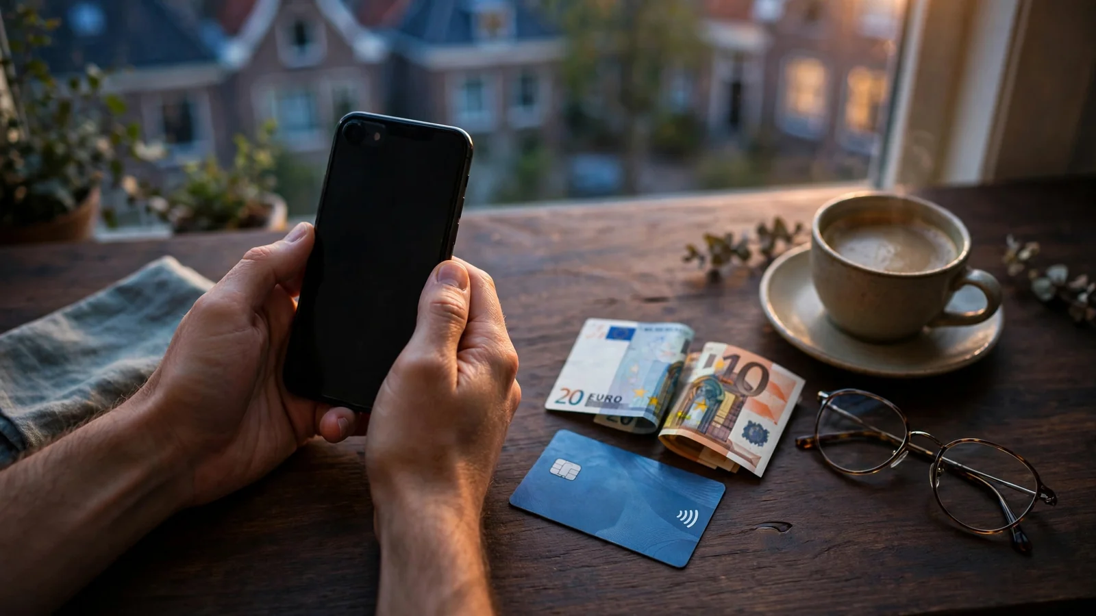 Handen betalen met smartphone en pinpas op een bureau