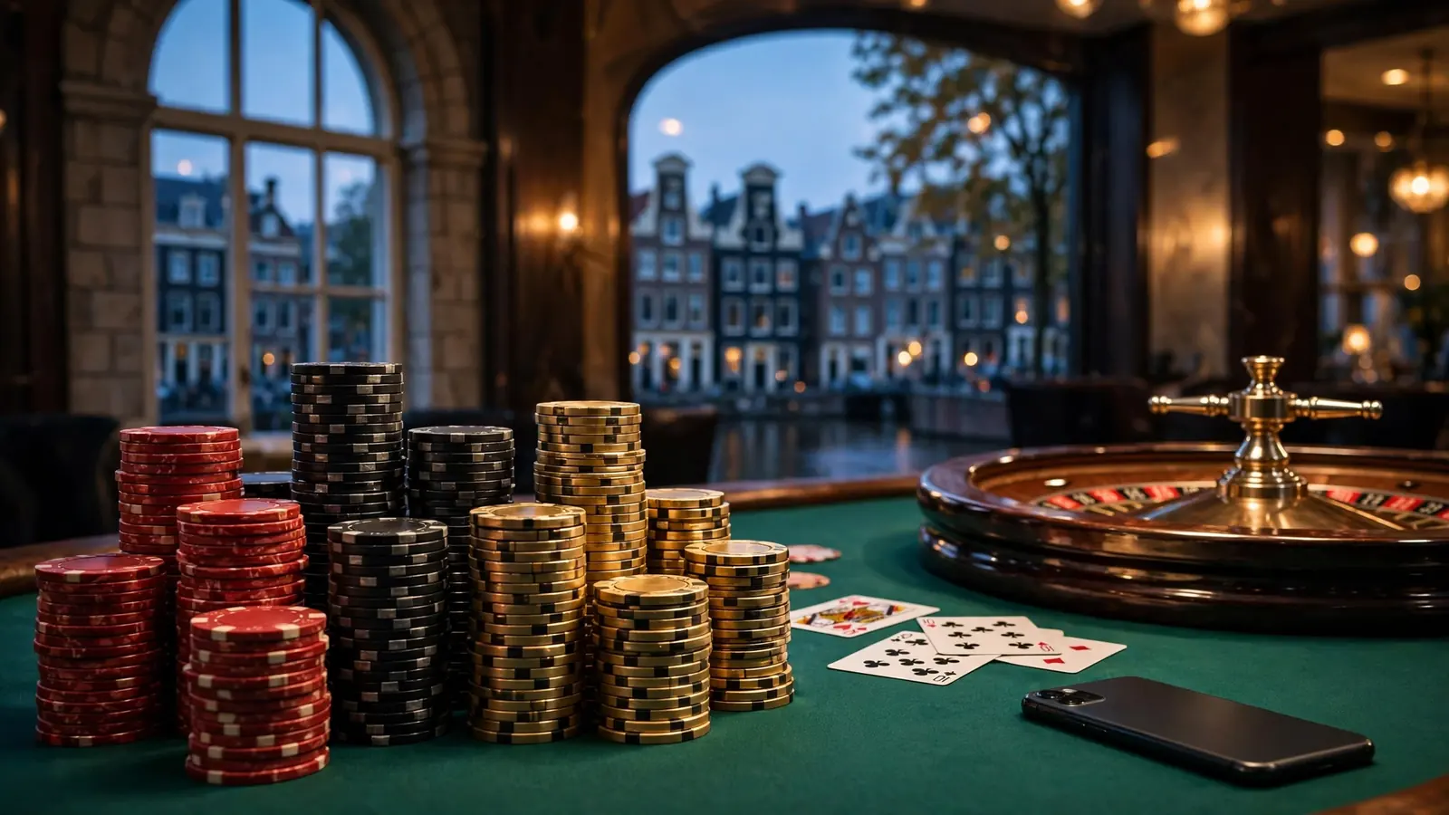 Luxe casinotafel met chips, roulette en telefoon, uitzicht op Amsterdamse grachten bij schemering