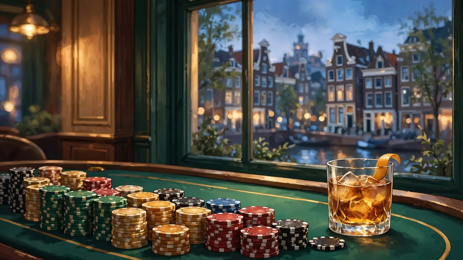 Stapel casinofiches op een groene tafel met een raam uitzicht op Amsterdamse grachtenpanden bij schemering