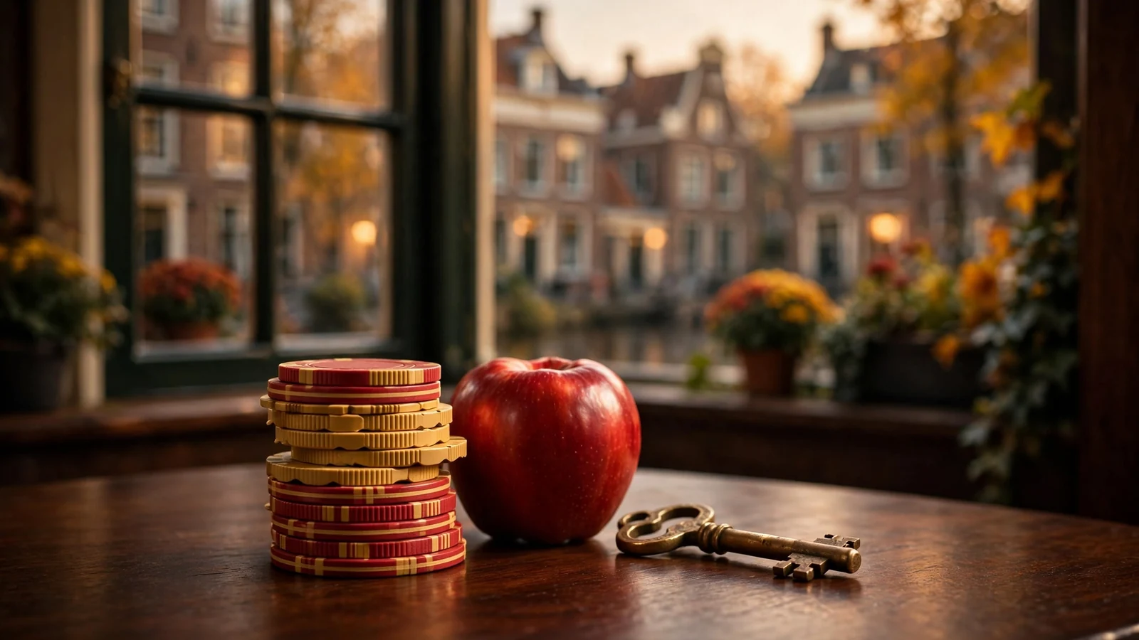 Stapel casinofiches en sleutel op een tafel met warm licht