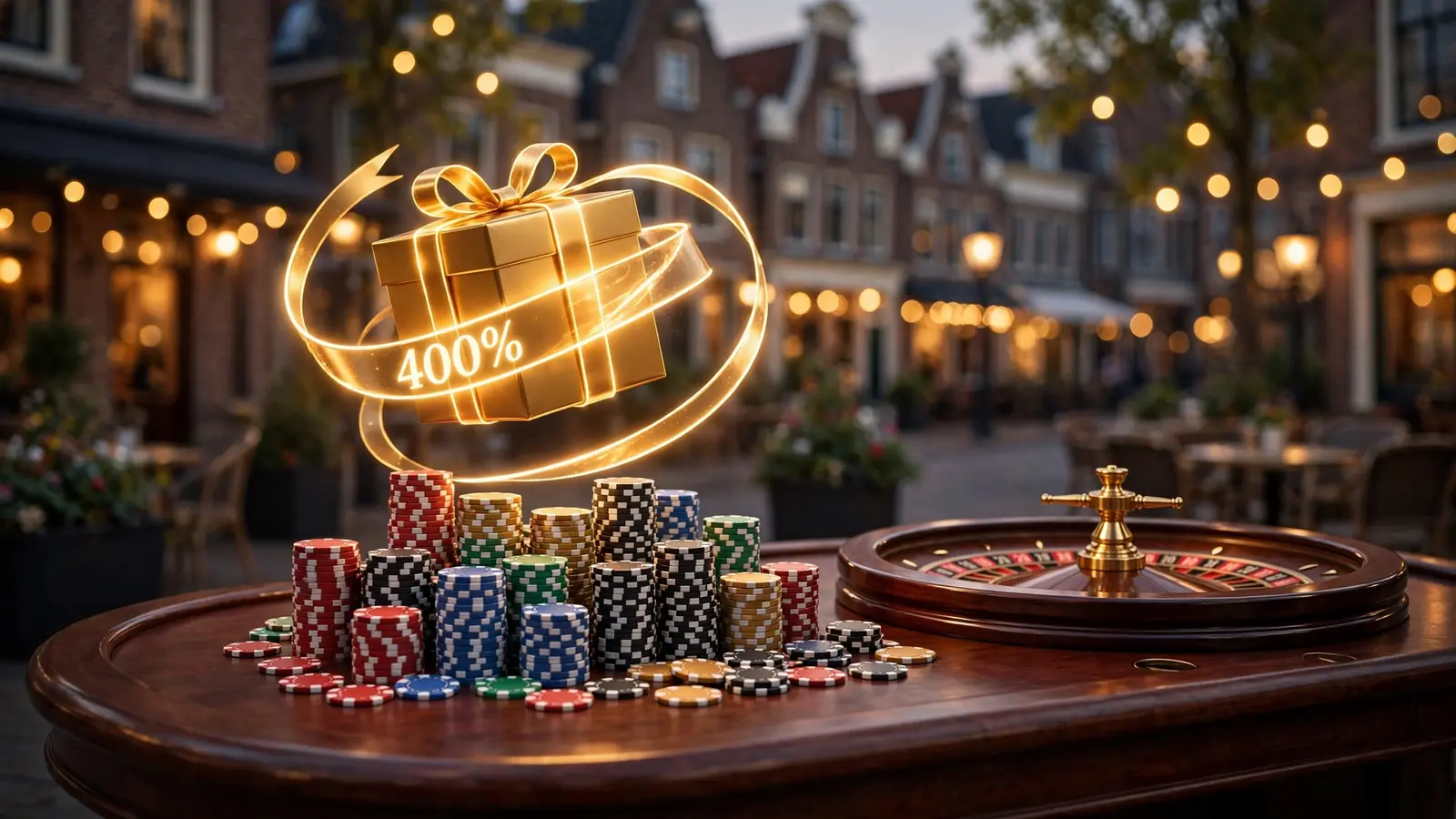 Casino tafel met fiches en roulettewiel, gouden geschenkdoos met 400% lint erboven