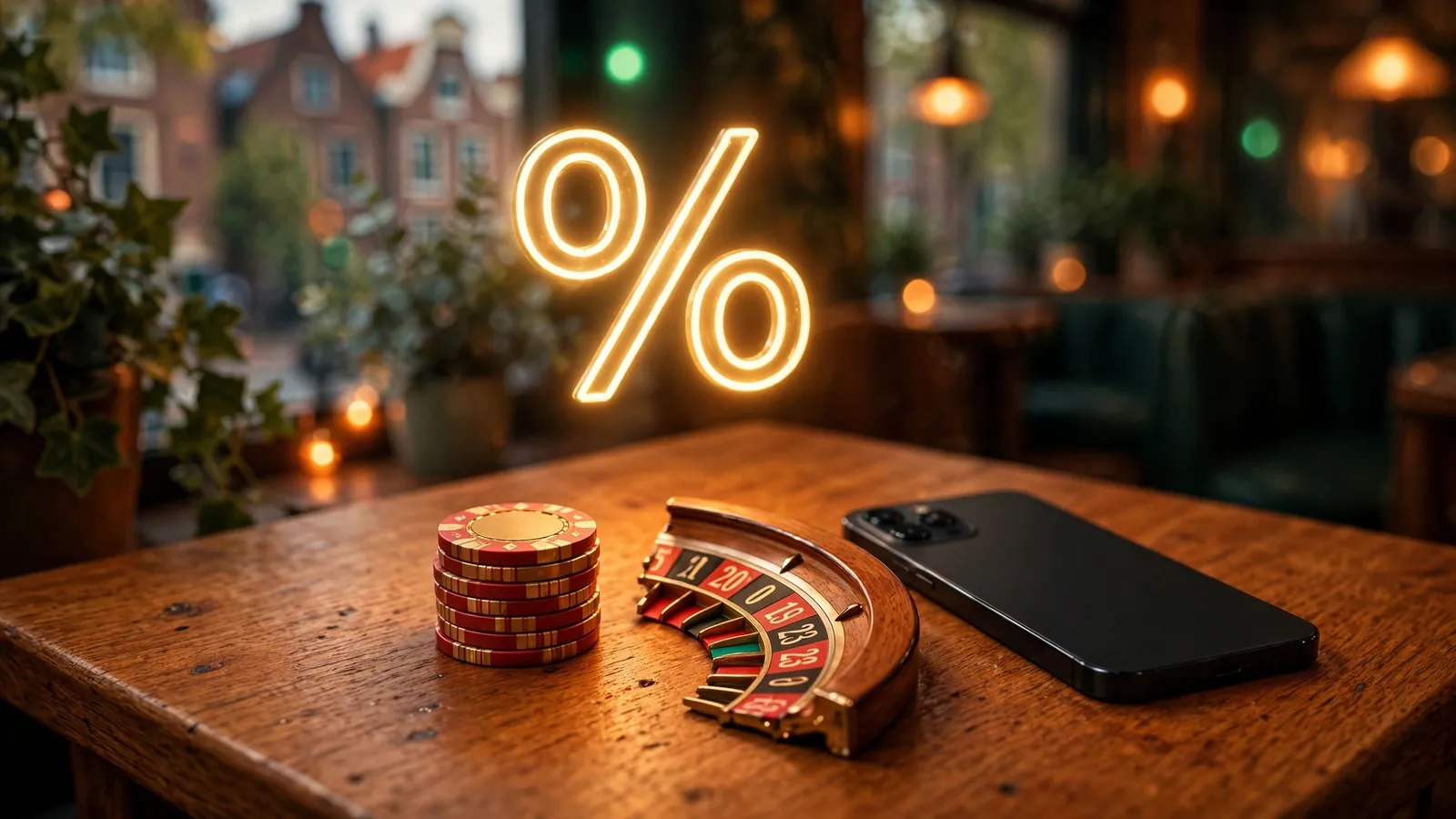 Casinochips, roulette en gouden bonuspercentage op een tafel in Nederlandse sfeer.
