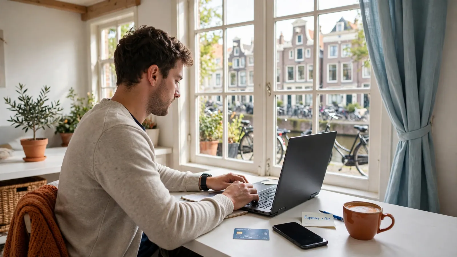 Persoon doet online bankieren in een zonnig Nederlands grachtenpand appartement