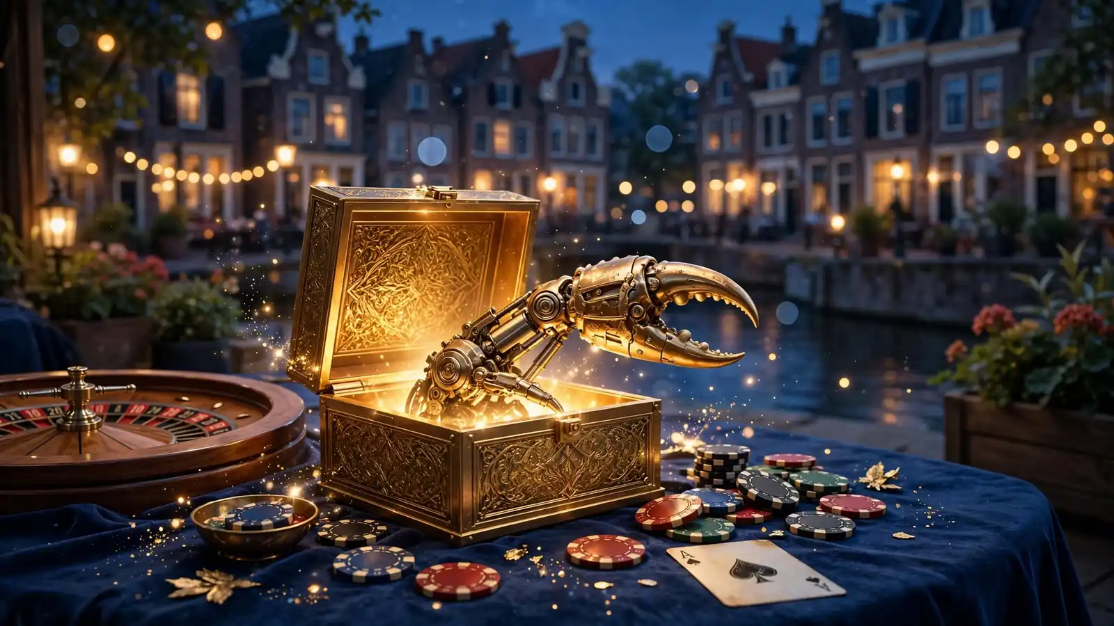 Stijlvolle casino bonusdoos met gouden krabbenklauw, chips en roulettewiel op fluwelen tafel