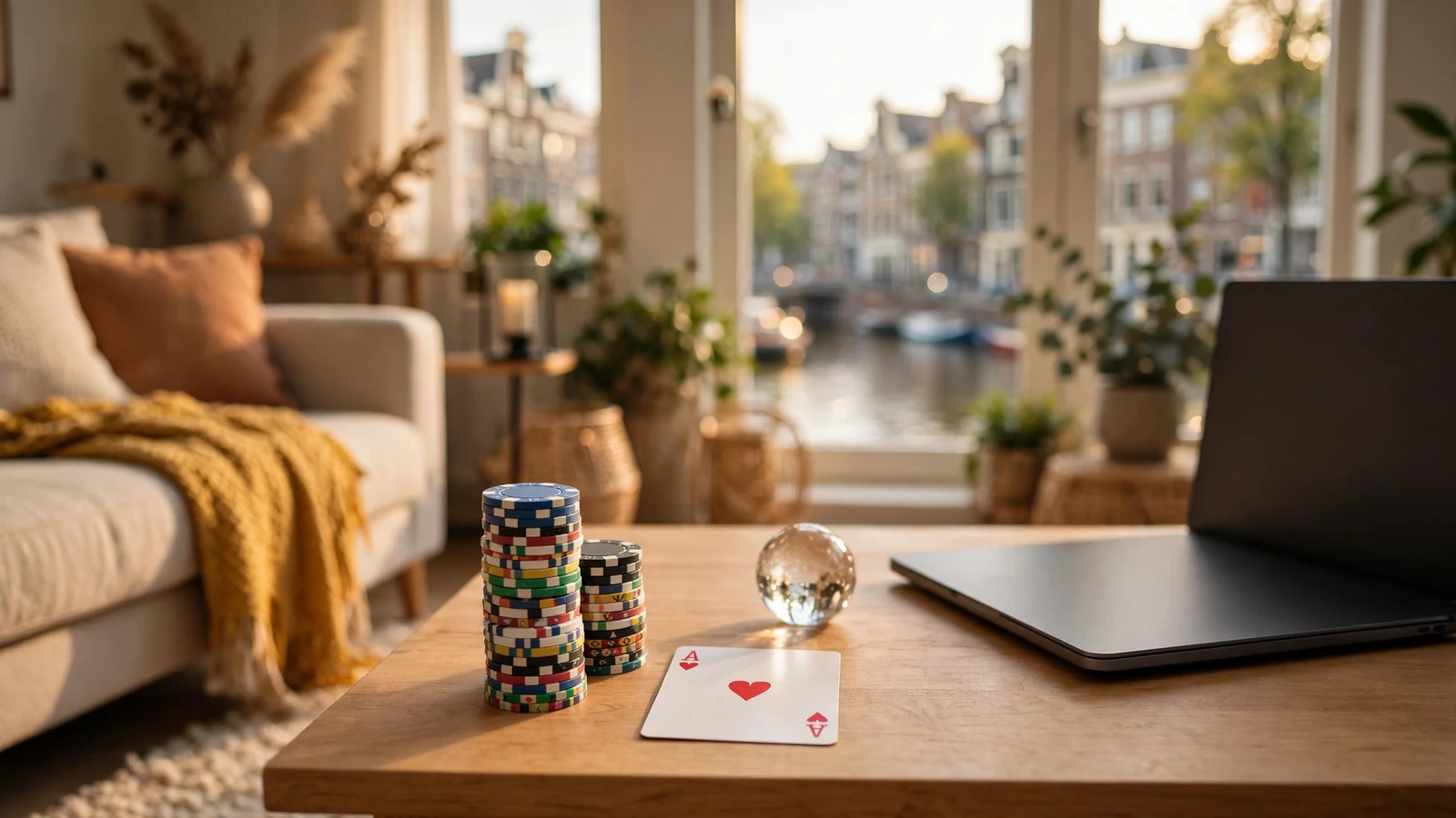 Stapel casinofiches en speelkaart op tafel in modern Nederlands interieur