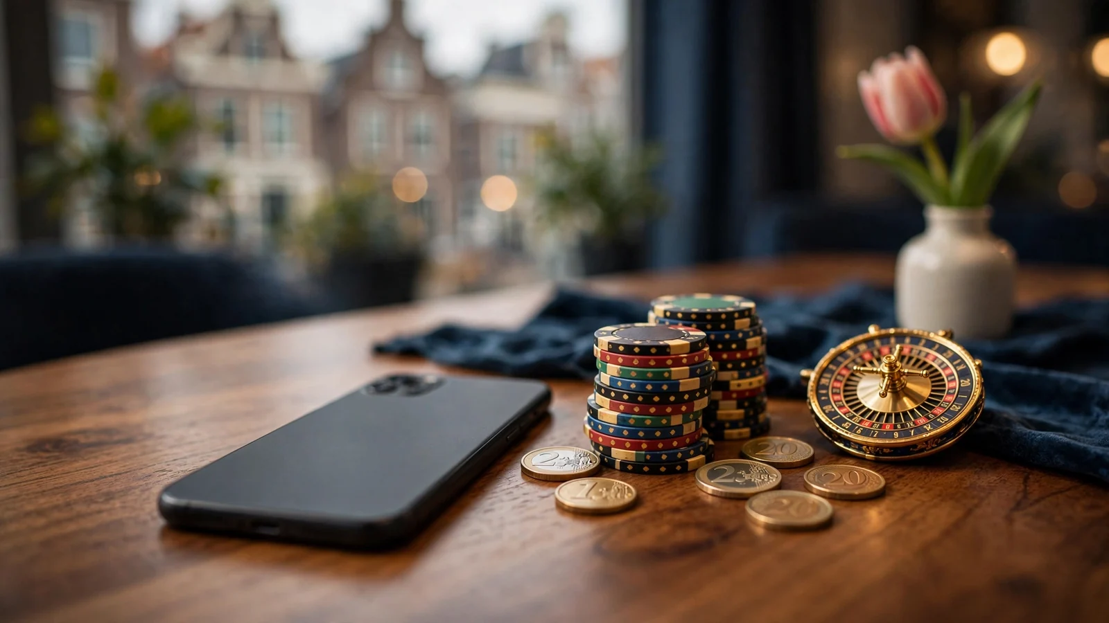 Nederlands online casino tafereel met fiches, smartphone en roulette decoratie