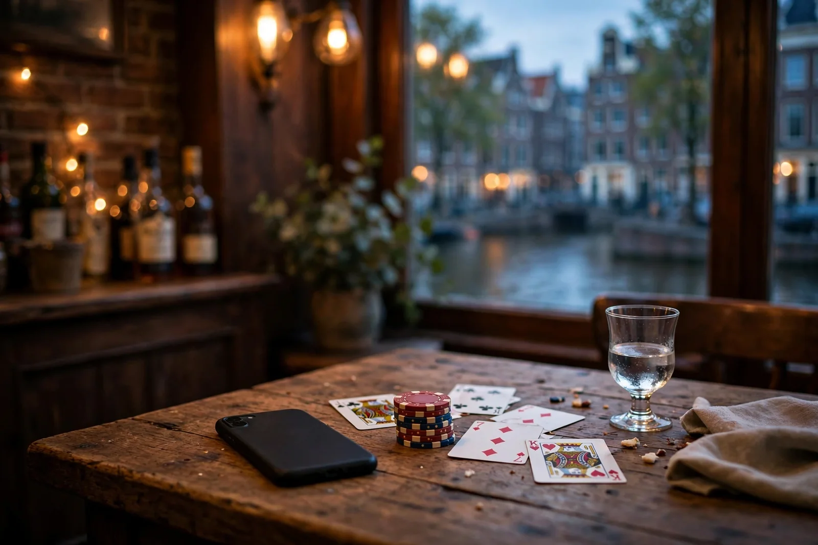 Smartphone met casinofiches en kaarten in een Nederlands café