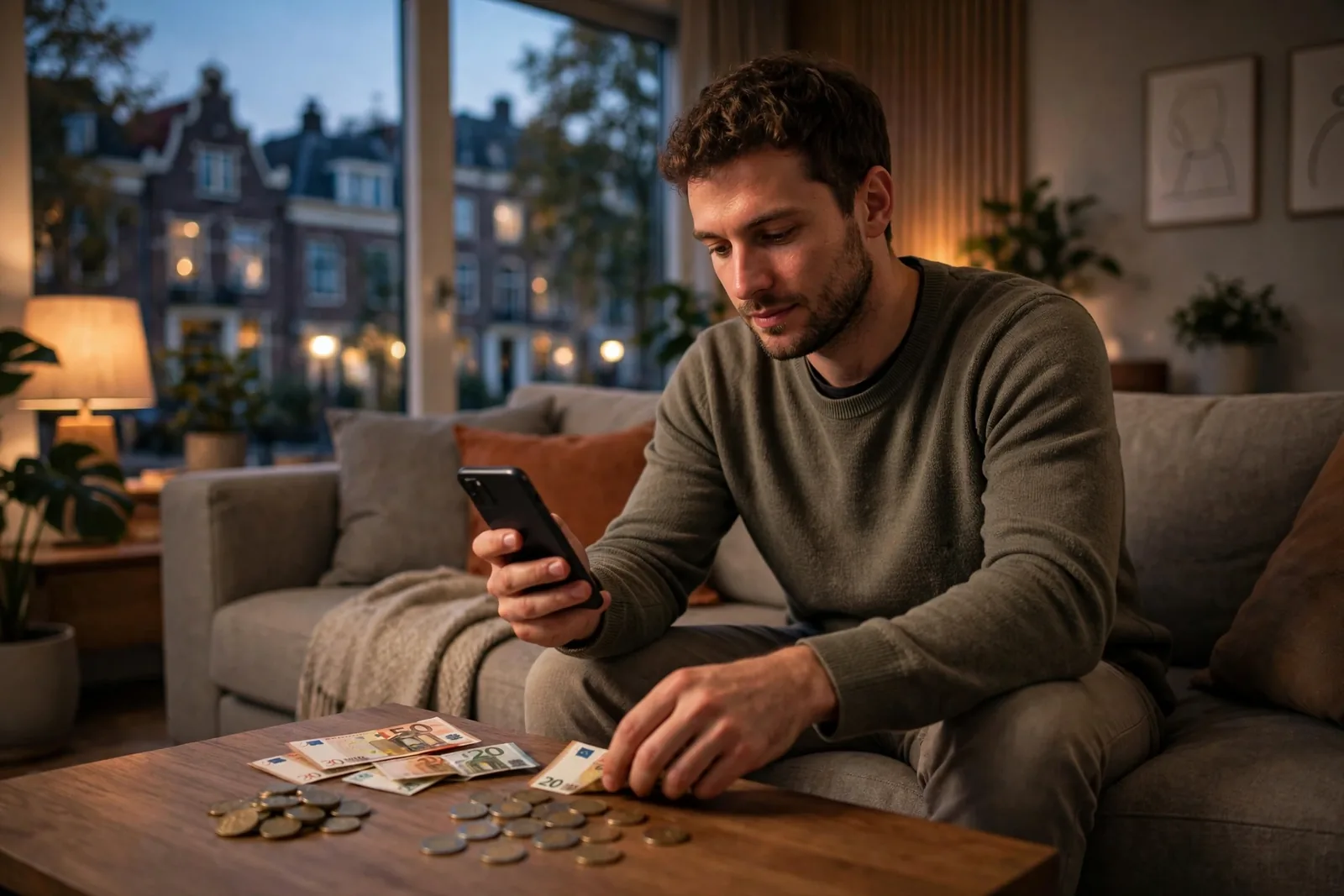 Persoon op bank met telefoon en euromunten op tafel