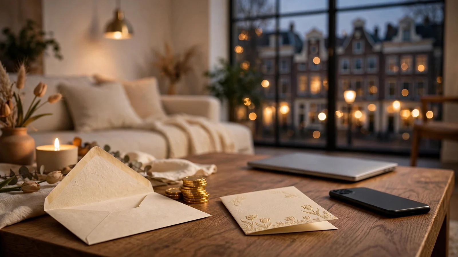 Modern Nederlands interieur met een cadeau- envelop en casino fiches op een salontafel