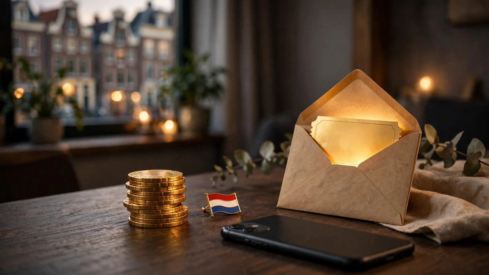 Nederlandse casinobonus scène met fiches, voucher en smartphone op tafel