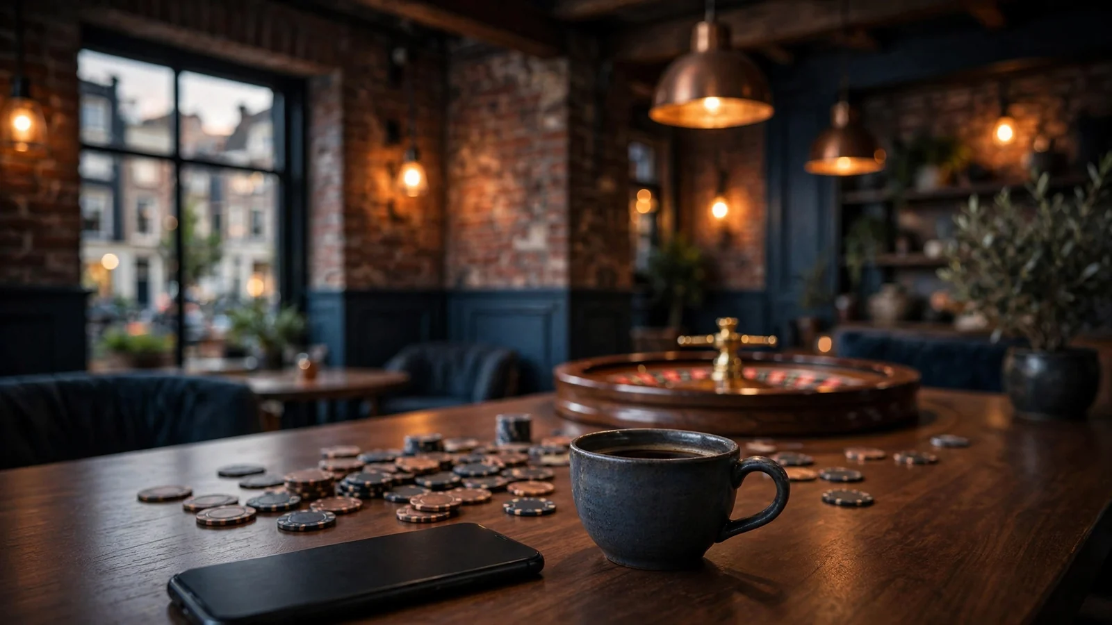 Sfeervolle Amsterdamse lounge met roulettewiel en casinofiches op tafel