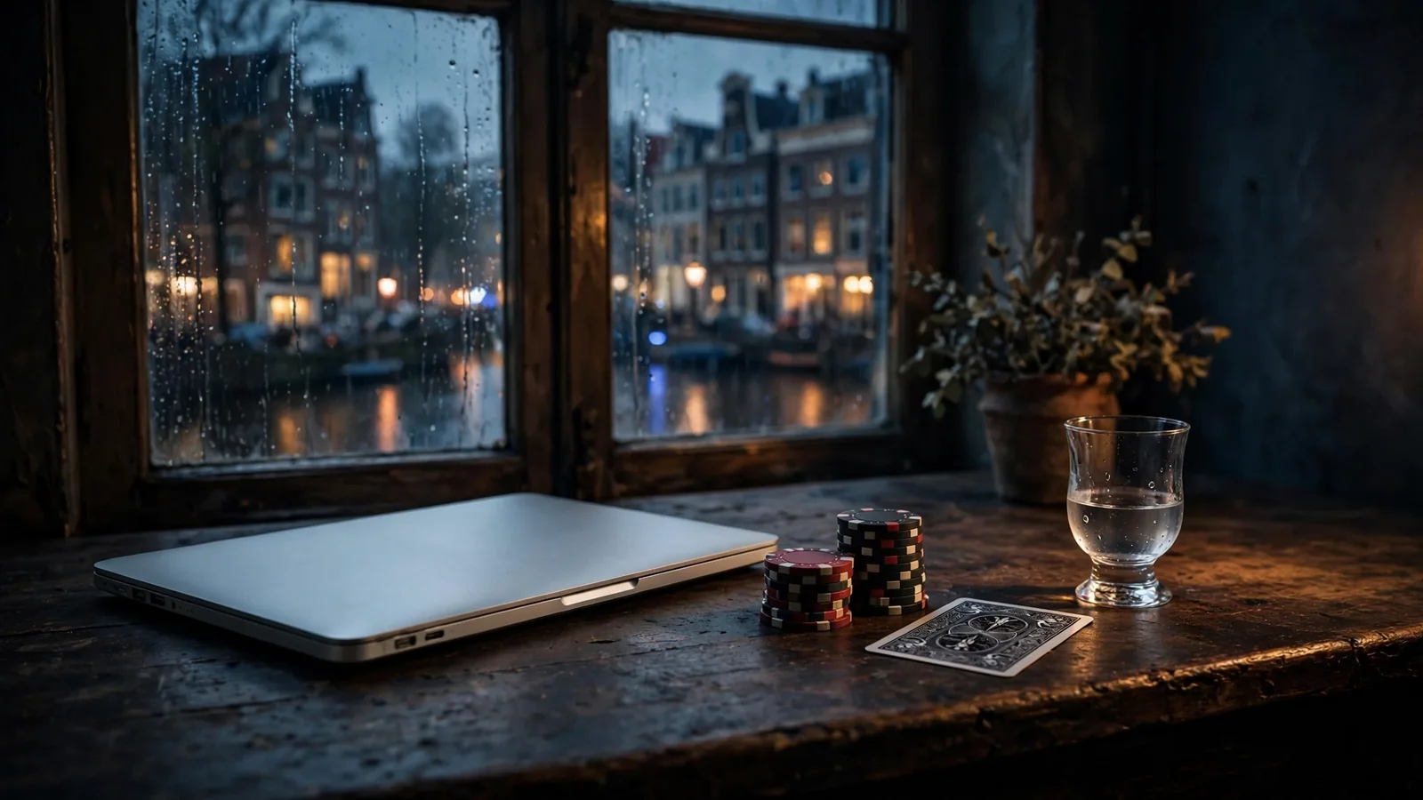 Gesloten laptop met casinofiches en kaart op bureau bij regenachtig raam in Amsterdam