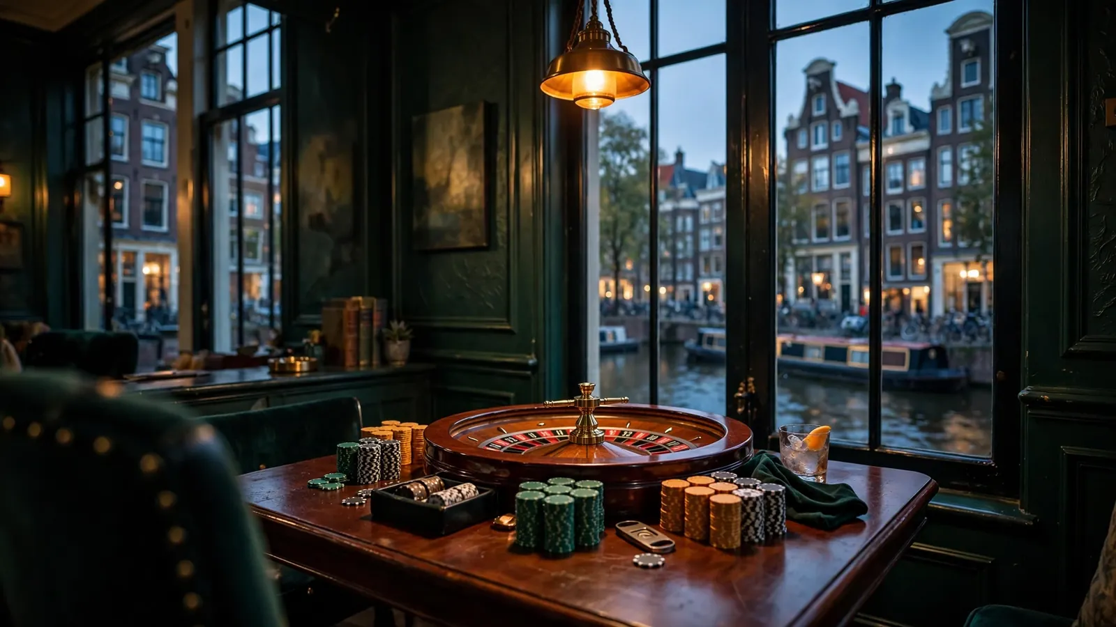 Sfeervolle Amsterdamse speelkamer met roulette en fiches aan tafel