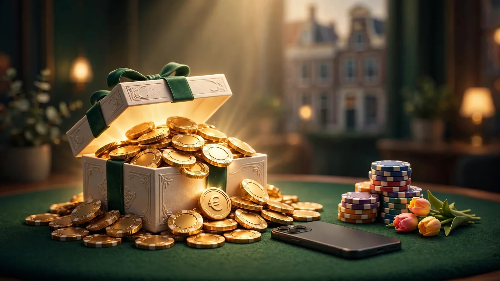 Stapel casinochips en een gouden geschenkdoos op groen vilt naast een afgedekte smartphone