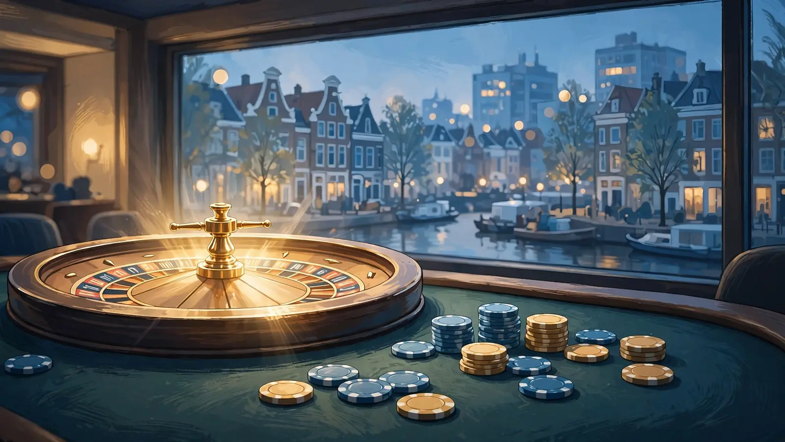Stijlvolle illustratie van casinotoernooien met roulette en fiches in Nederlandse setting