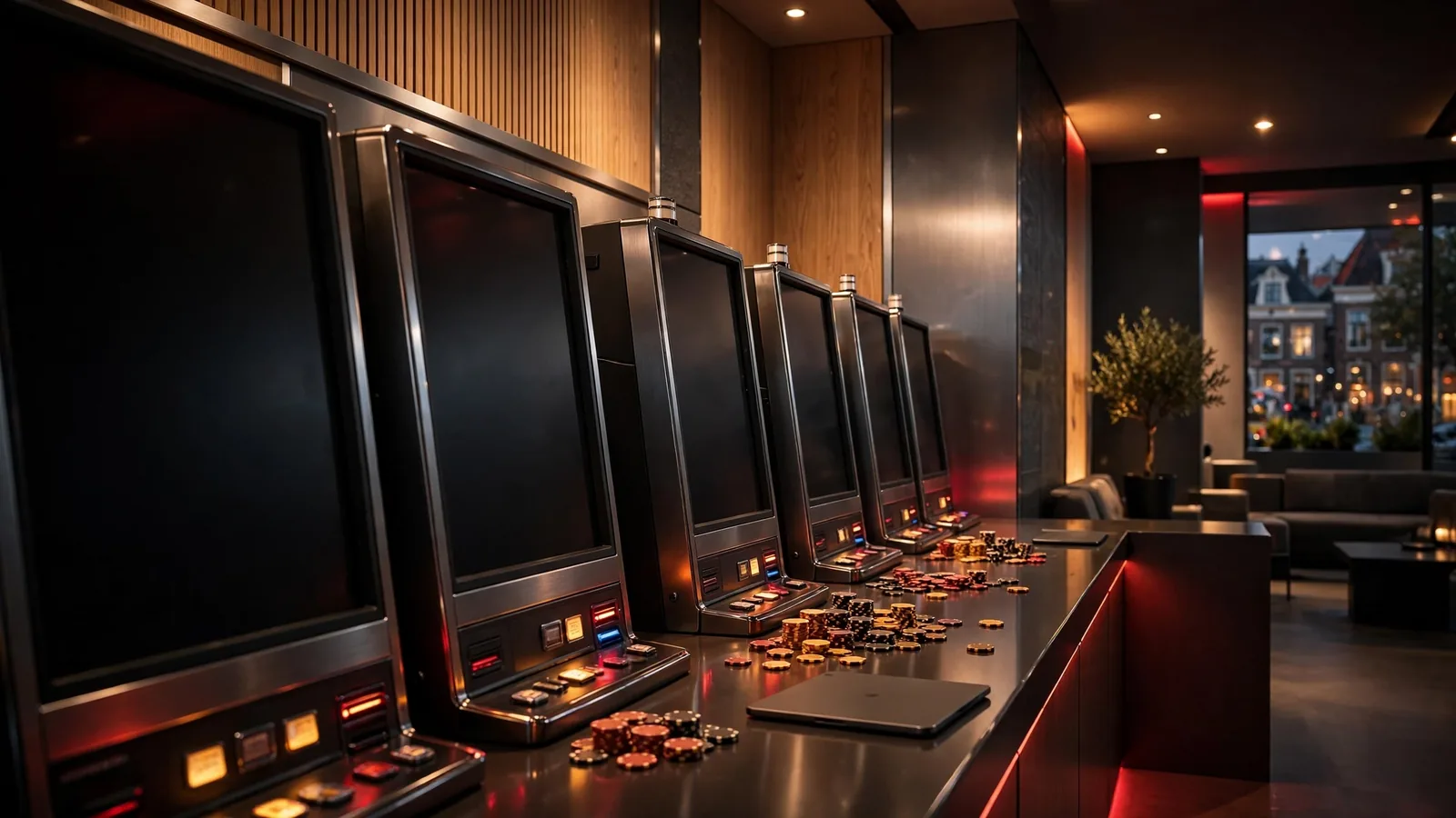 Modern ingerichte Nederlandse gokkasten lounge met sfeervolle verlichting en gesloten tablet