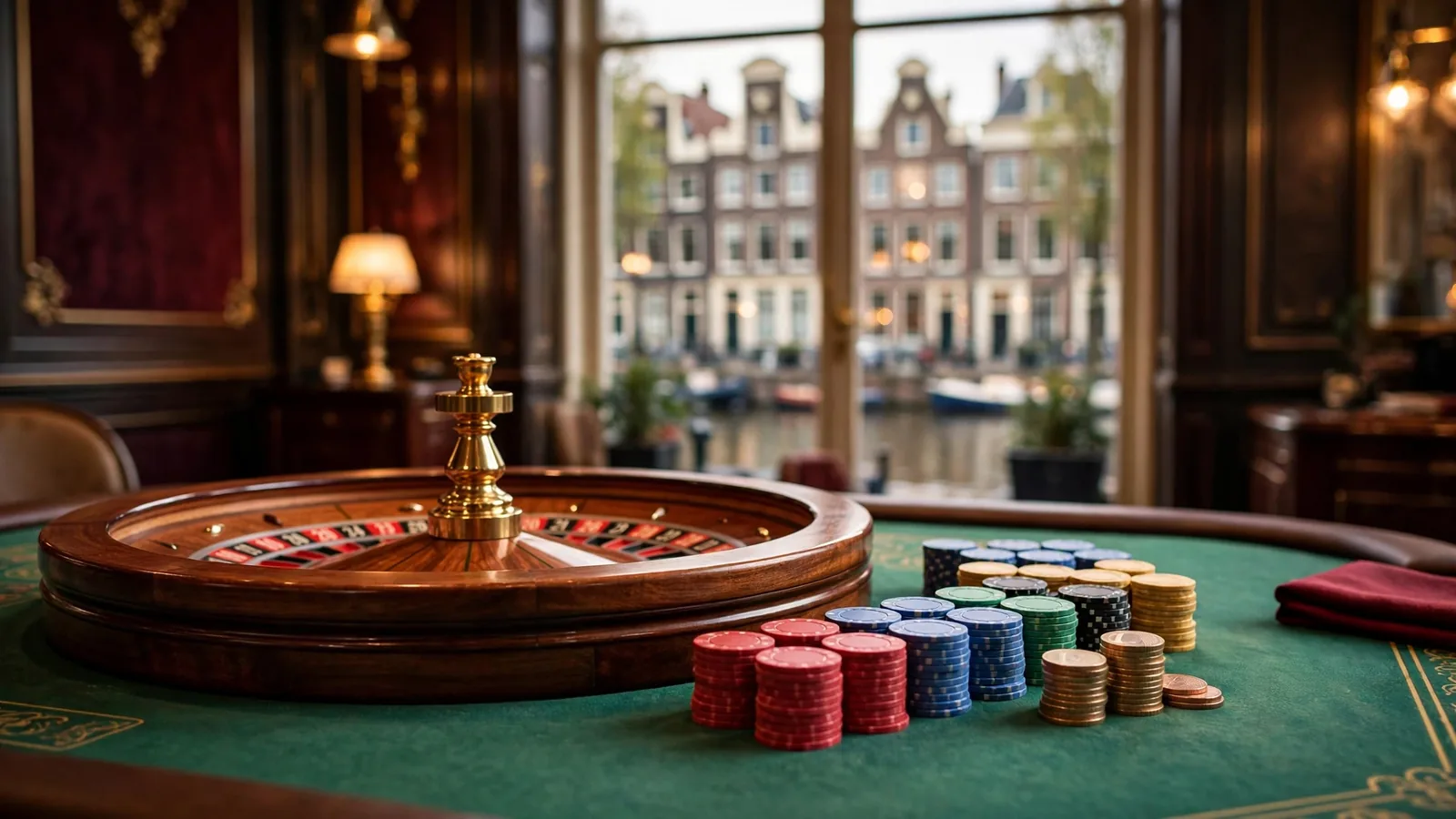 Roulettewiel met casinofiches en euromunten op groen vilt, op de achtergrond Amsterdamse grachtenpanden
