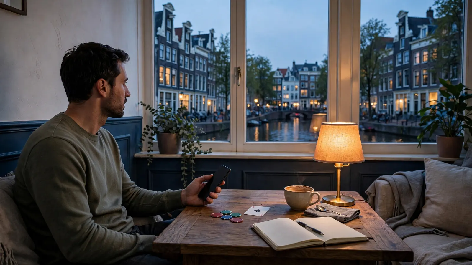 Persoon aan tafel met speelkaarten en fiches in een modern Amsterdams interieur