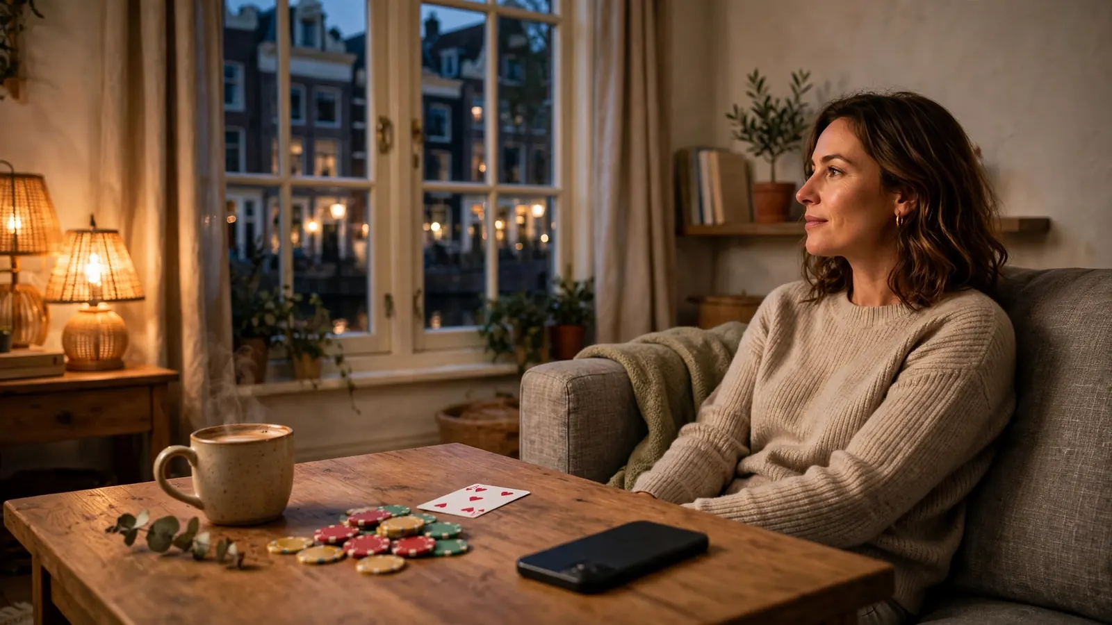 Persoon thuis met casinofiches en koffie in gezellige Nederlandse woonkamer