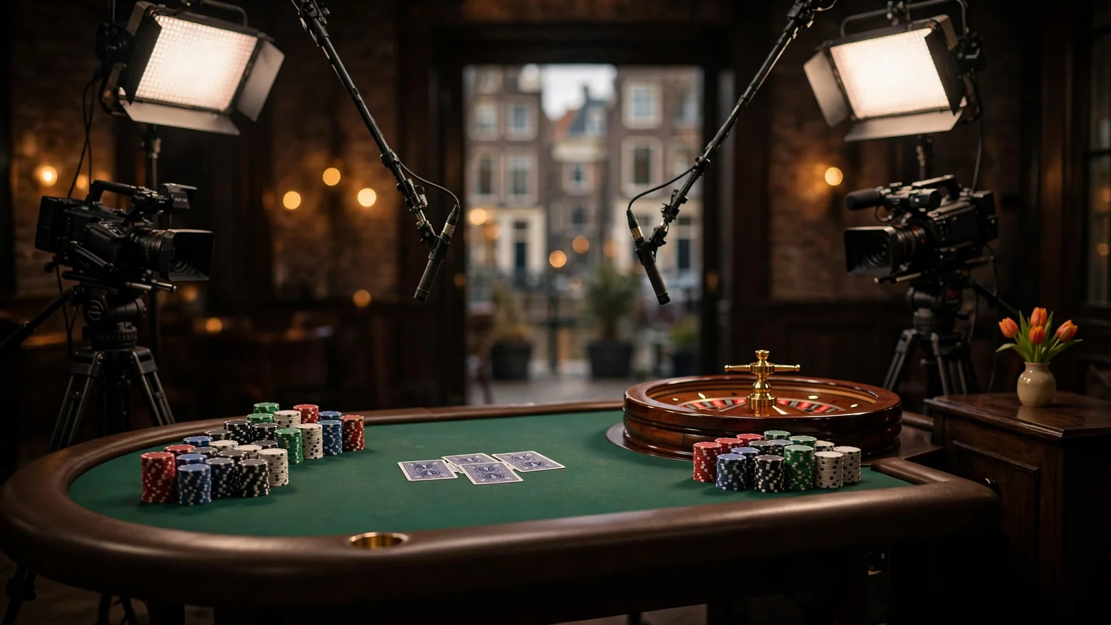 Live casino studio met speeltafel, camera's en Nederlandse tulpen