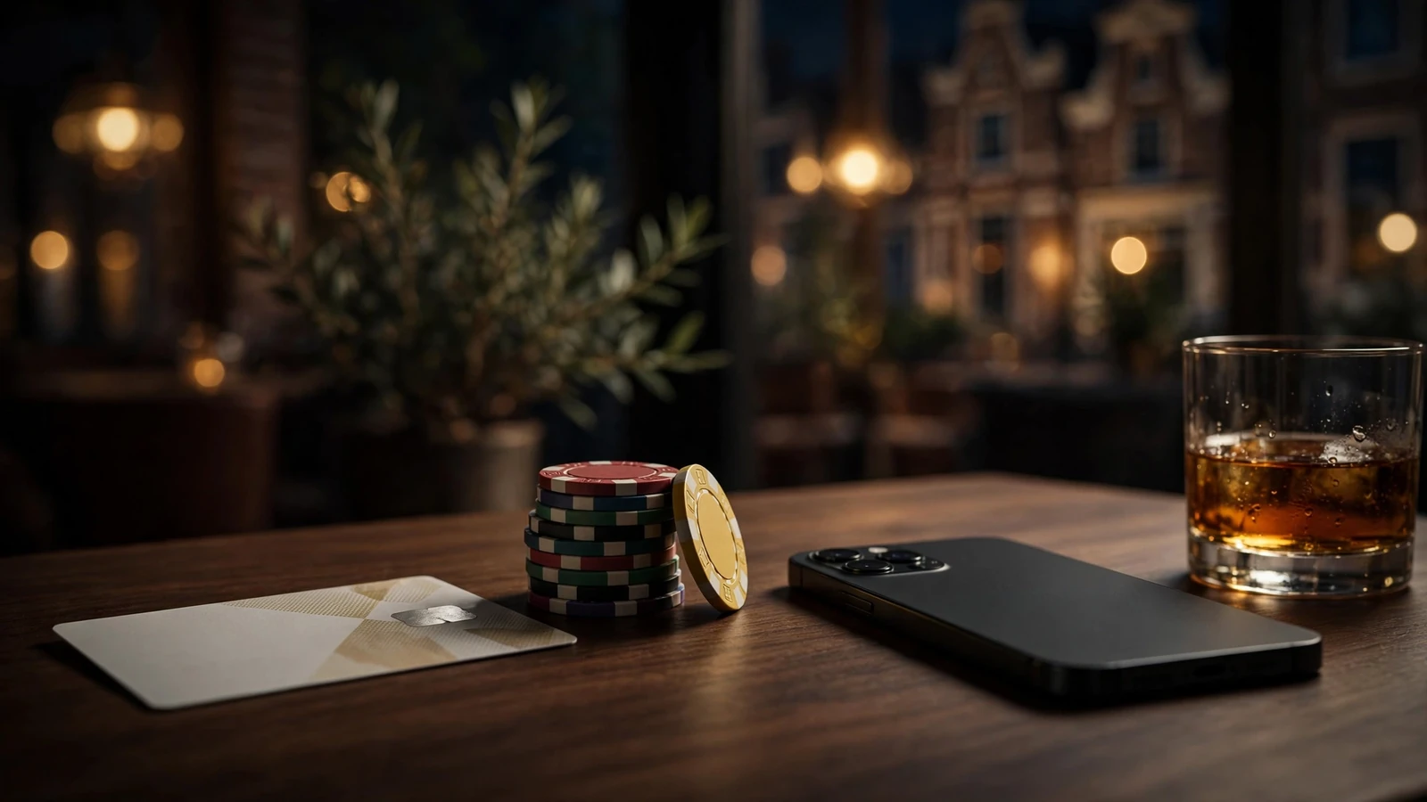 Prepaid voucher met casinofiches en telefoon op tafel in sfeervolle lounge
