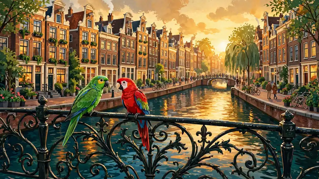 Twee kleurrijke papegaaien op een sierlijk brugleuning langs een Amsterdamse gracht bij zonsondergang