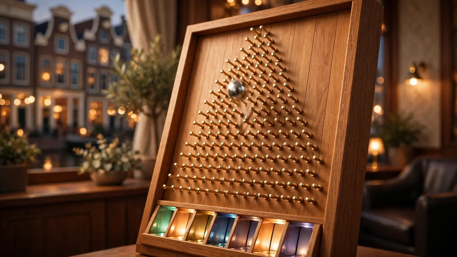 Glanzende metalen bal valt door pinnen op een Plinko-bord met gekleurde multiplier-vakken.