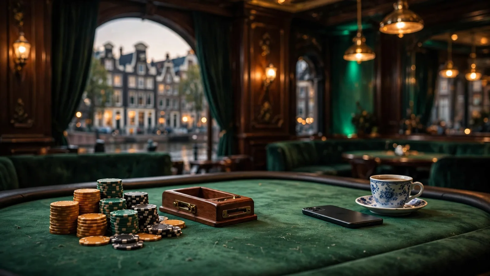 Stijlvolle casino-interieur in Amsterdam met speeltafel en fiches