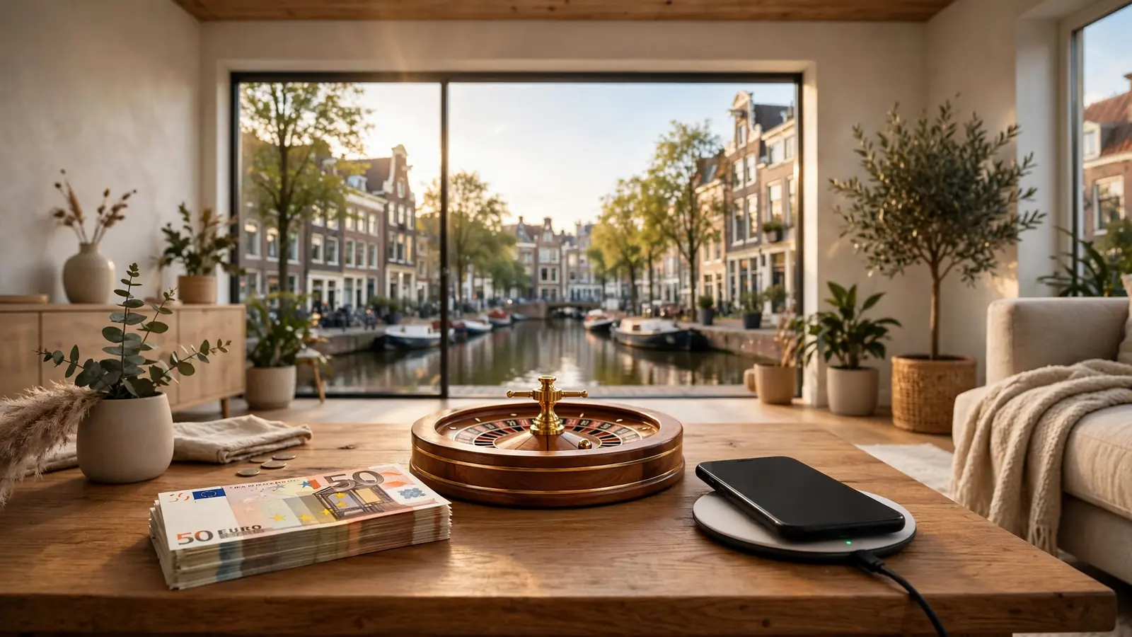 Stapel eurobiljetten en roulettewiel op tafel in een modern Nederlands interieur