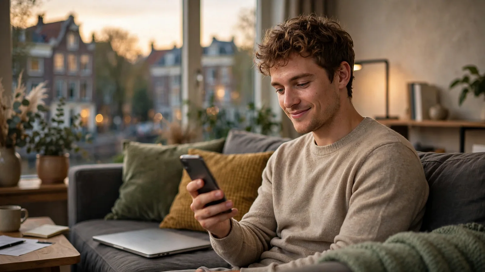 Man controleert snelle casino-uitbetaling op telefoon thuis