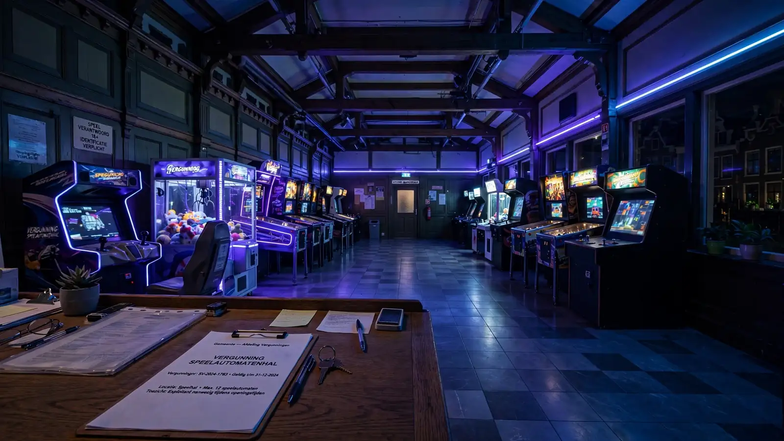 Interieur van een Nederlandse speelhal met verlichte automaten en een vergunning op het bureau