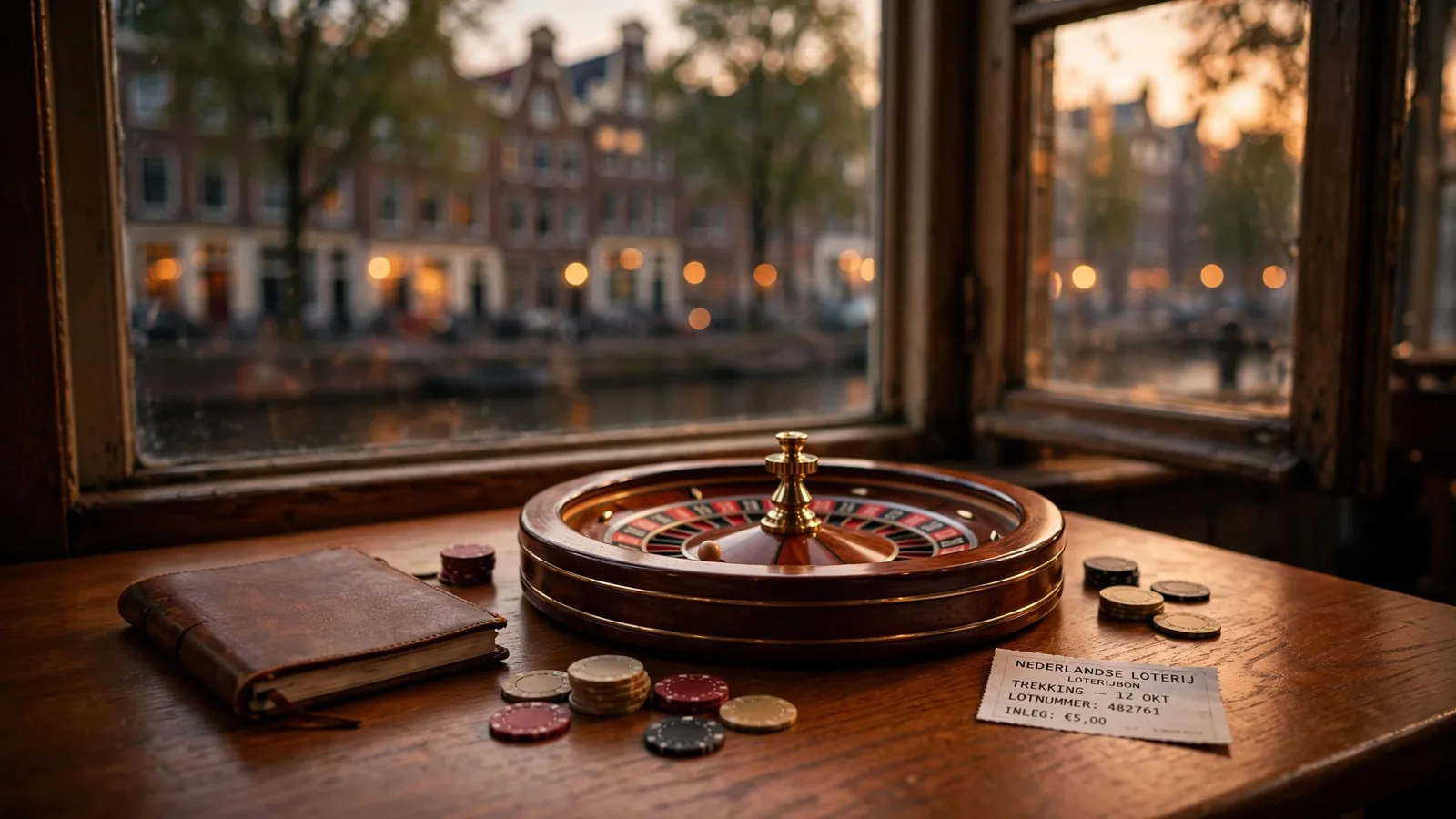 Nederlands tafereel met roulettewiel, fiches en loterijbiljet op een houten tafel.