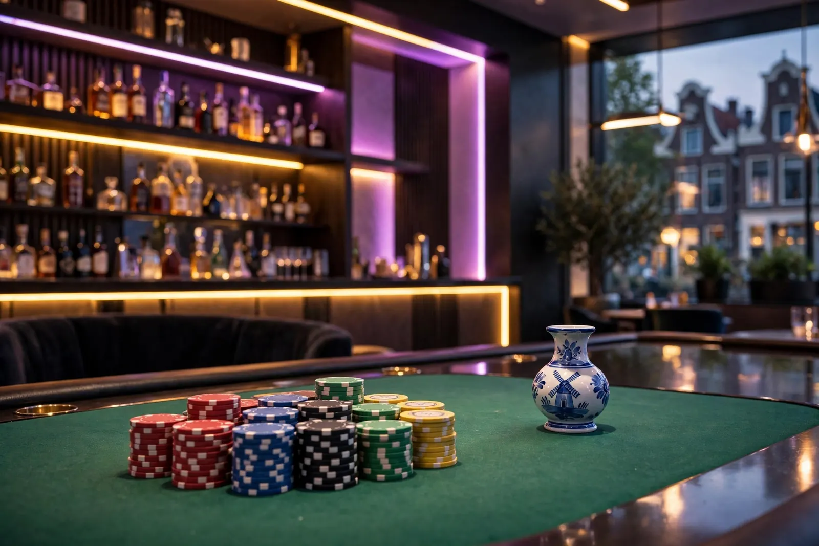 Stijlvolle casino lounge in Nederland met chips op een groene speeltafel