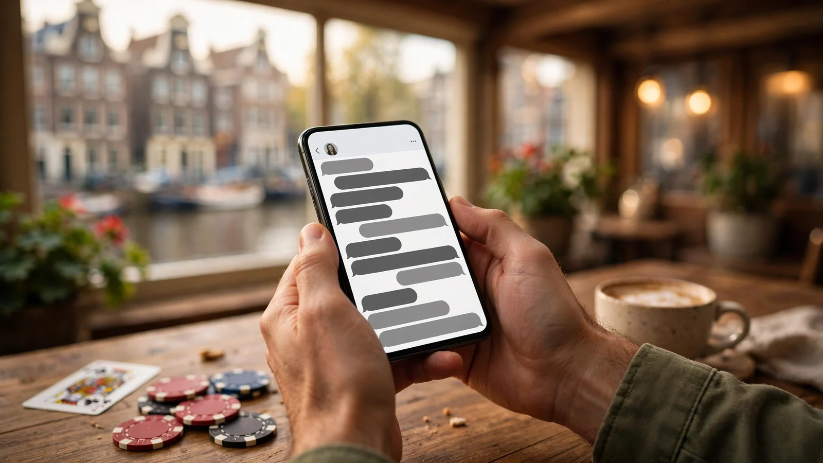 Handen houden een smartphone met Telegram in een Amsterdams café, met speelkaarten en fiches op tafel