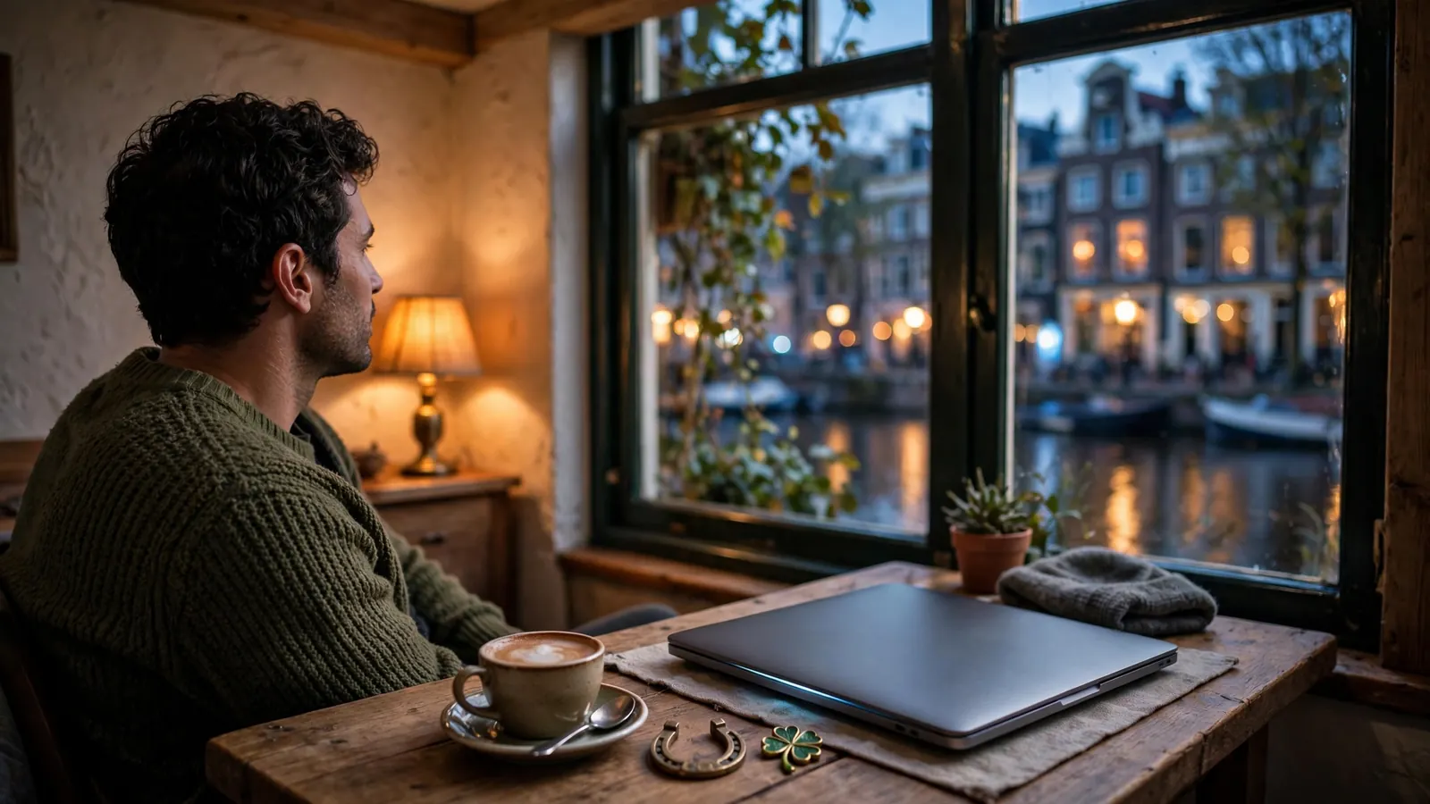 Nederlandse speler in sfeervol interieur met laptop en koffie