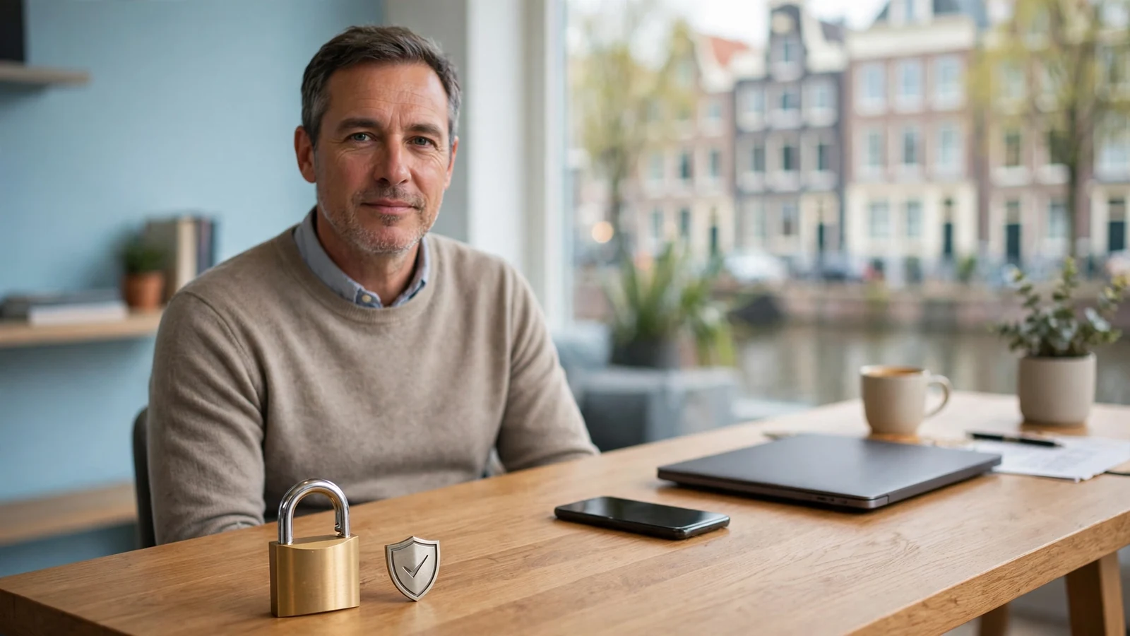 Gesloten laptop en smartphone met hangslot op een bureau: online veiligheid