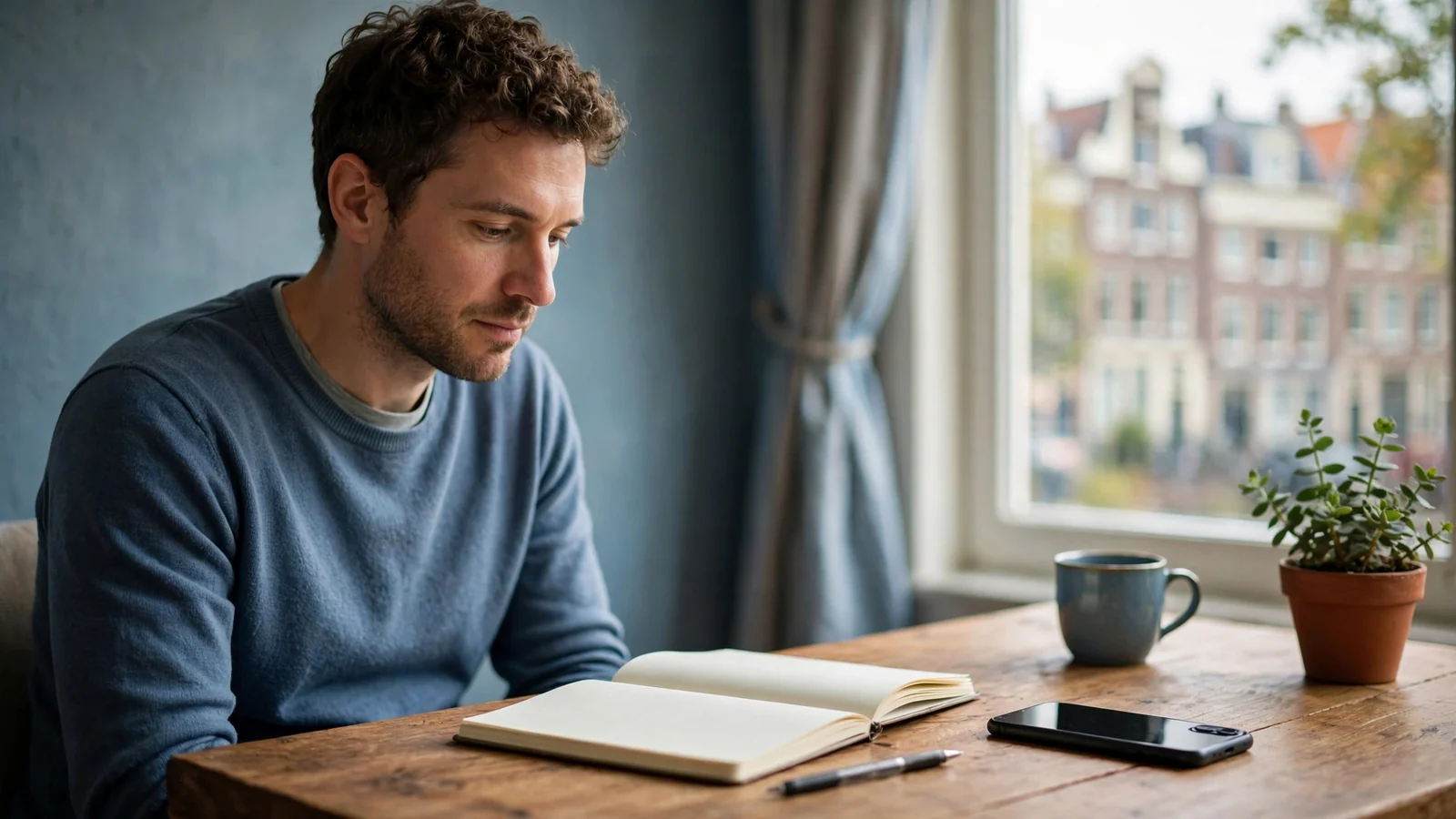 Nuchtere persoon aan een bureau in Nederland met een notitieboek en telefoon weggelegd