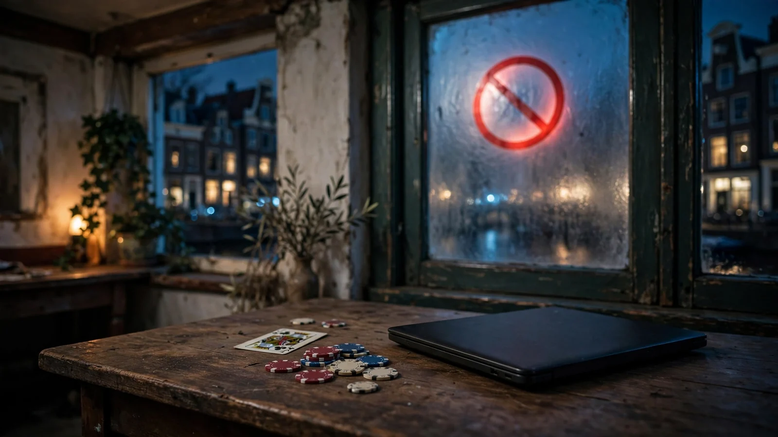Verlaten casinochips en gesloten laptop in donker Amsterdams grachtenpand bij nacht
