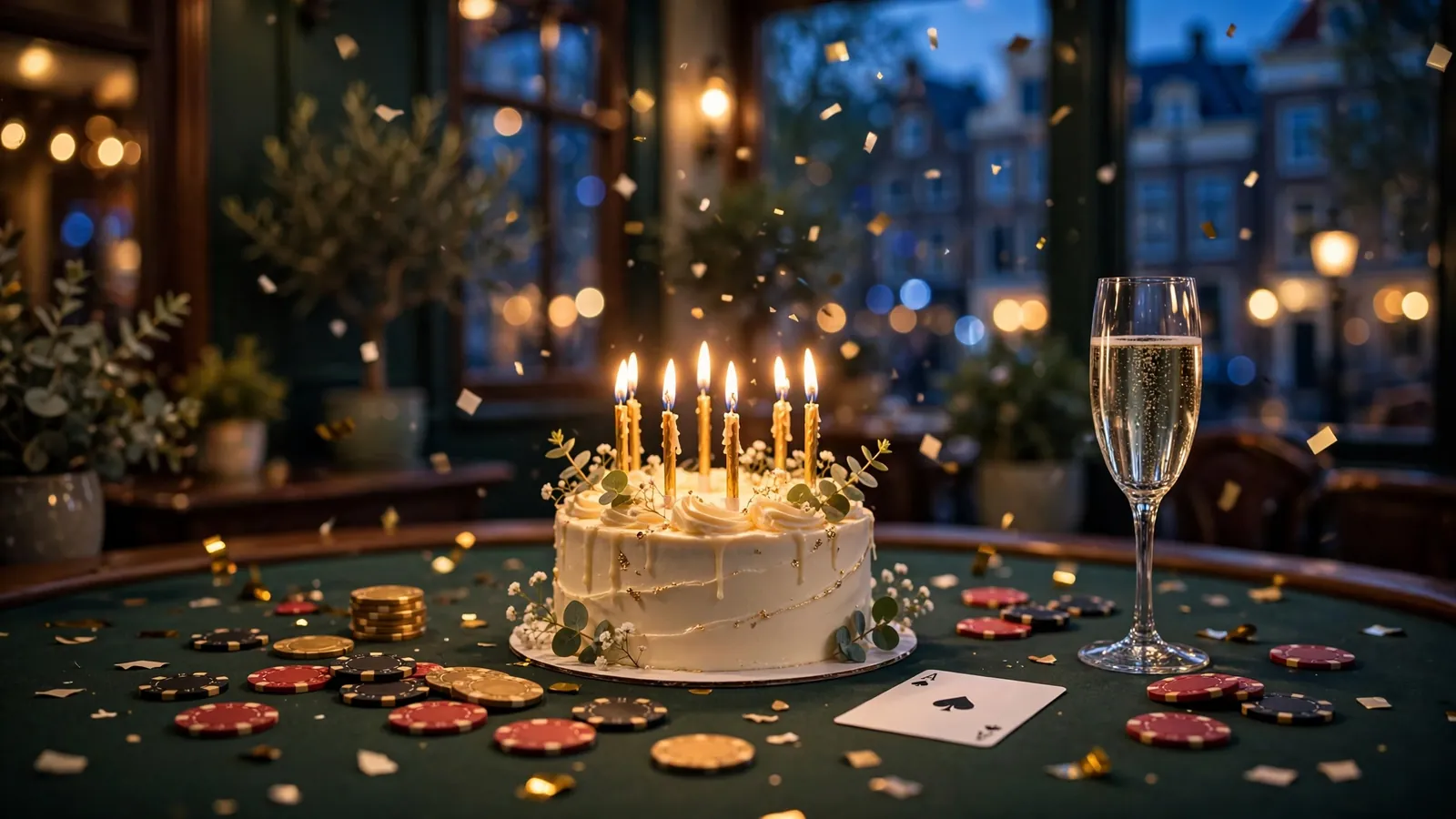 Verjaardagstaart met kaarsen op casinotafel met fiches en champagne