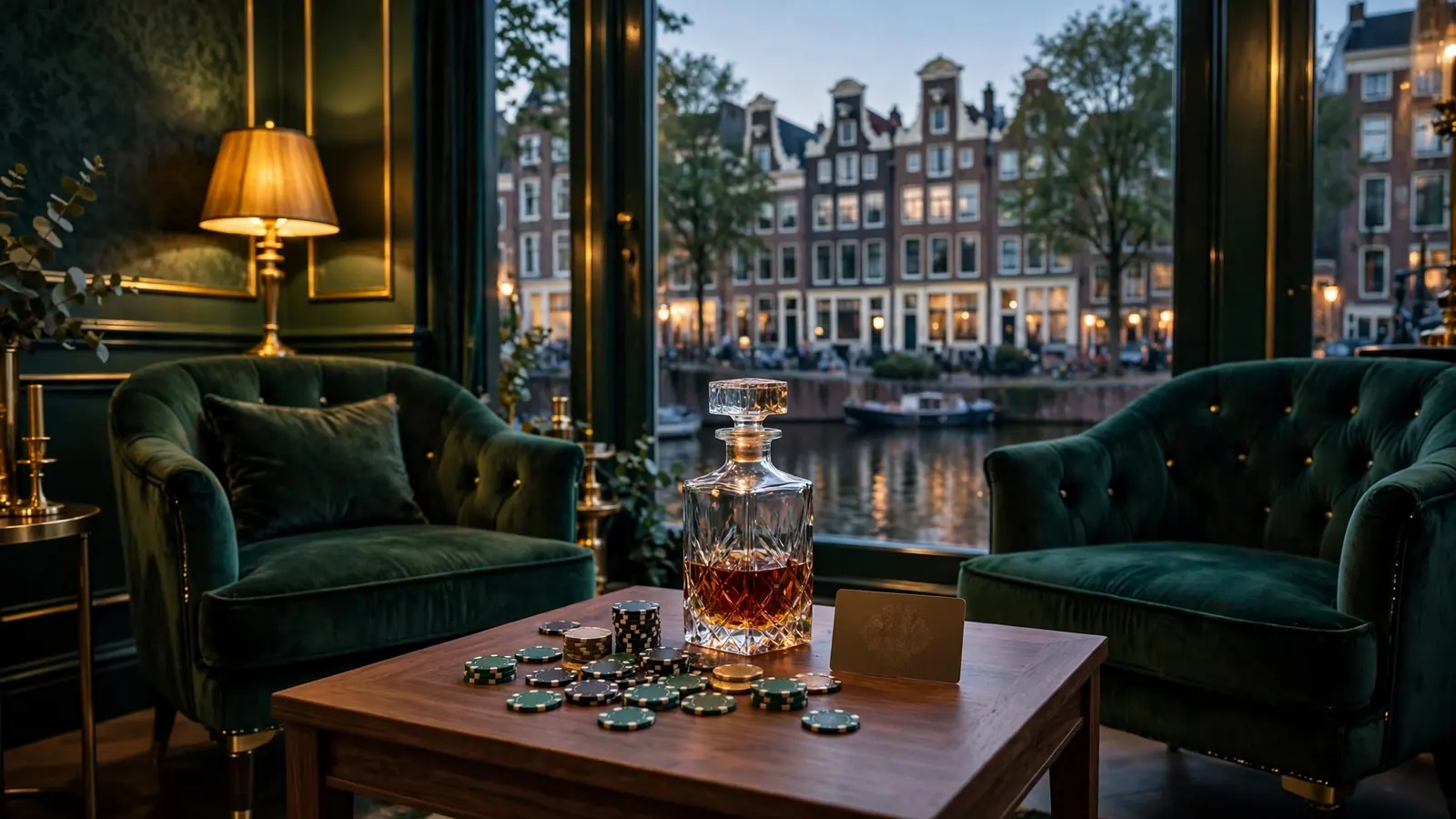 Exclusieve VIP-lounge in Amsterdam met casinofiches en gouden kaart