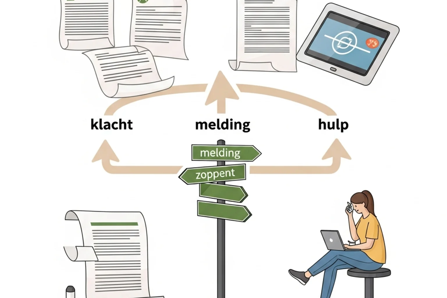 Rustige routekaart met paden voor klacht, melding en hulp bij zorgen over gokken
